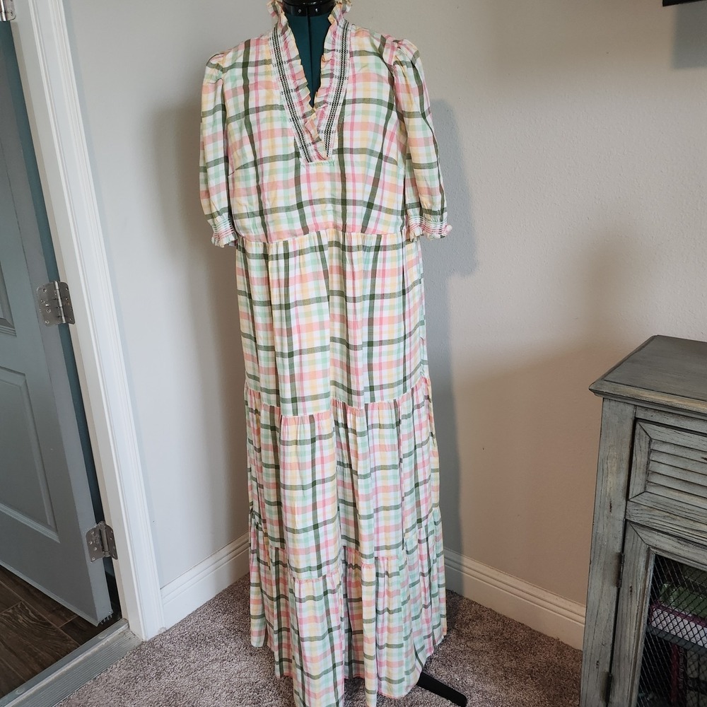 Crown & Ivy Maxi Dress Women XL Pink Green Plaid Tiered Puff Sleeve Cottagecore